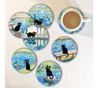 Set di 6 sottobicchieri in legno per la casa, 10x10cm, sottobicchieri antiscivolo con design della Gatta Nera di Monet Creek, regalo di arredamento domestico unico per gli amanti del caffè, decorazion