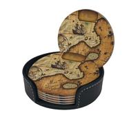 Set di 6 sottobicchieri in microfibra PU con mappa del tesoro pirata monocromatica vintage e timone di nave, per bevande con supporto, tovagliette per tazze per la decorazione della casa, tappetino