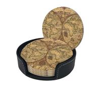Set di 6 sottobicchieri in microfibra PU con mappa del tesoro pirata monocromatica vintage e timone di nave, per bevande con supporto, tovagliette per tazze per la decorazione della casa, tappetino