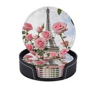 Set di 6 sottobicchieri in microfibra PU con supporti per bevande, accessori per bar, casa, appartamento, tavolino da caffè, regali di inaugurazione della casa - Torre Eiffel, fiore di rosa