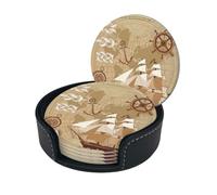 Set di 6 sottobicchieri in microfibra PU con supporto, motivo: nave pirata, mare, oceano, nautico, per bevande, tazze, tovagliette per la casa, tappetino rotondo per tazze e tazze.