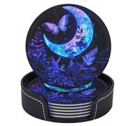 Set di 6 sottobicchieri in pelle a forma di farfalla e luna per bevande con supporto, sottobicchieri rotondi per tavolo e scrivania, sottobicchieri per soggiorno, cucina, caffè, decorazioni