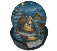 Set di 6 sottobicchieri in pelle a tema Notte Santa per bevande, con supporto, ideali per tavolo, soggiorno, cucina e caffè.