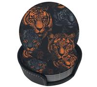 Set di 6 sottobicchieri in pelle arancione con testa di tigre nera per bevande, con supporto, ideali per tavolo, tazza, soggiorno, cucina, caffè.