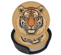 Set di 6 sottobicchieri in pelle color cuoio con testa di tigre, ideali per bevande, con supporto, perfetti per tavolo, soggiorno, cucina e caffè.