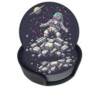 Set di 6 sottobicchieri in pelle con astronauti, cartoni animati e galassia, per bevande, con supporto, ideali per tavolo, tazza, soggiorno, cucina e caffè.