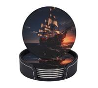 Set di 6 sottobicchieri in pelle con barca a vela al tramonto, per bevande, regalo di inaugurazione della casa, tappetino rotondo per tazza per casa e cucina