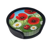Set di 6 sottobicchieri in pelle con coccinella e margherita camomilla per bevande, sottobicchieri per tazza da tè, per cucina, bar, decorazione per la casa, regalo di inaugurazione della casa