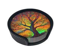 Set di 6 sottobicchieri in pelle con foglie colorate con albero della vita, con supporti per tazze e bevande, sottobicchieri rotondi da 9,9 cm, 6 pezzi, per caffetteria, bar, decorazioni per la casa
