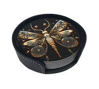 Set di 6 sottobicchieri in pelle con libellula dorata e delicata su sfondo nero, regalo perfetto per l'inaugurazione della casa, protegge i mobili dai danni causati dall'acqua e dai graffi, taglia