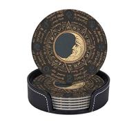 Set di 6 sottobicchieri in pelle con luna, stella ottagonale e iscrizioni magiche, assorbenti, con supporto per tazze da tè