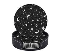 Set di 6 sottobicchieri in pelle con motivo a luna e stella, bianchi e neri, per bevande, rotondi, da 4 pollici, per decorazioni da cucina, tazze da caffè, inaugurazione della casa