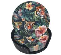Set di 6 sottobicchieri in pelle con motivo floreale tropicale e tigre nascosta, ideali per bevande, con supporto, perfetti per tavolo, soggiorno, cucina e caffè.