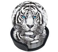 Set di 6 sottobicchieri in pelle con motivo tigre bianca e occhi blu, ideali per bevande, con supporto, perfetti per tavolo, tazza, soggiorno, cucina e caffè.
