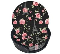Set di 6 sottobicchieri in pelle con motivo Torre Eiffel e rose, linea bianca, per bevande, con supporto, ideali per tavolo, tazza, soggiorno, cucina, caffè.