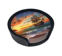 Set di 6 sottobicchieri in pelle con nave pirata al tramonto per bevande, sottobicchieri per tazza da tè, per cucina, bar, decorazione per la casa, regalo di inaugurazione della casa