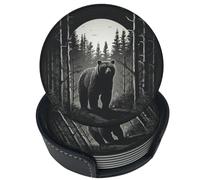 Set di 6 sottobicchieri in pelle con orso nel bosco, ideali per bevande, con supporto, perfetti per tavolo, soggiorno, cucina e caffè.