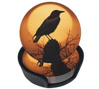 Set di 6 sottobicchieri in pelle con silhouette di tramonto, corvo e albero, ideali per bevande, con supporto, perfetti per tavolo, tazza, soggiorno, cucina e caffè.