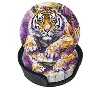 Set di 6 sottobicchieri in pelle con stampa acquerello tigre viola e pennello, ideali per bevande, con supporto, perfetti per tavolo, tazza, soggiorno, cucina e caffè.