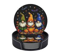 Set di 6 sottobicchieri in pelle con streghe e gnomi di Halloween con supporto - Set di simpatici sottobicchieri resistenti al calore per bevande, ideali per caffè, vino, cucina, ufficio, bar e dec