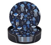 Set di 6 sottobicchieri in pelle con supporto per bevande, con motivo a meduse, piante marine e creature marine, per tavolo, scrivania, soggiorno, cucina, caffè.