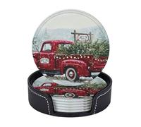 Set di 6 sottobicchieri in pelle con vecchio camioncino rosso natalizio e supporto - Set di sottobicchieri natalizi per bevande, caffè, vino, cucina, ufficio, bar, decorazione invernale da tavola,