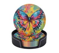 Set di 6 sottobicchieri in pelle di alta qualità con farfalla in stile impressionista con supporto, eleganti sottobicchieri per bevande per cucina, bar e caffè