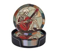 Set di 6 sottobicchieri in pelle di alta qualità con scheletro che suona una chitarra elettrica rossa, con supporto, eleganti sottobicchieri per bevande, per cucina, bar e caffè