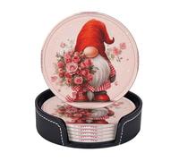 Set di 6 sottobicchieri in pelle di alta qualità con supporto a forma di gnomo che tiene in mano un mazzo di rose. Eleganti sottobicchieri per bevande per cucina, bar e caffè.