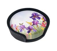 Set di 6 sottobicchieri in pelle per tazze da tè e bevande, motivo iris e farfalle, per cucina, bar, decorazione per la casa, regalo di inaugurazione della casa