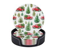 Set di 6 sottobicchieri in pelle vintage con camioncino rosso per Natale, con supporto, ideali per le vacanze invernali e il Capodanno, perfetti per caffè, vino, cucina, ufficio, bar, decorazioni n