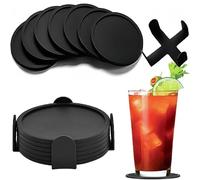 Set di 6 Sottobicchieri in Silicone Antiscivolo, Sottobicchieri con Design con Scanalatura Profonda del Vassoio, per Caffè, Birra, Tazza, Bottiglia di Vetro di Vino, Casa e Bar(Round Black Coasters)