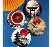 Set di 6, sottobicchieri in stile pittura ad inchiostro con paesaggio giapponese, tema del sole rosso, runner da tavolo, adatto per decorazione di stanza e sala da pranzo, decorazione per la casa, dec