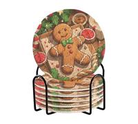 Set di 6 sottobicchieri marroni con scritta "Merry Christmas" e pan di zenzero, con supporto, per bevande, casa, bar, must have