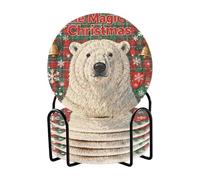 Set di 6 sottobicchieri minimalisti a quadri rossi con orso polare Merry Christmas, con supporto, per bevande, assorbenti, decorazione per la casa