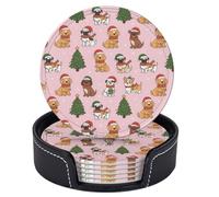 Set di 6 sottobicchieri natalizi a forma di cani dei cartoni animati, albero di Natale, stella, puntini, sottobicchieri rotondi in pelle con supporto per tavolino da caffè, bar, cucina, arredamento pe