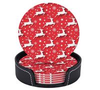 Set di 6 sottobicchieri natalizi a forma di cervo bianco e fiocco di neve, rotondi in pelle rossa, con supporto per tavolino da caffè, bar, cucina, arredamento per la casa