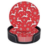 Set di 6 sottobicchieri natalizi a forma di cervo bianco, fiocco di neve, stella, sottobicchieri rotondi in pelle rossa con supporto per tavolino da caffè, bar, cucina, arredamento per la casa