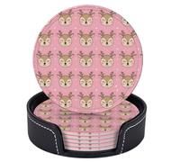 Set di 6 sottobicchieri natalizi a forma di cervo, stella bianca, rosa, rotondi in pelle, con supporto, per tavolini da caffè, bar, cucina, arredamento per la casa