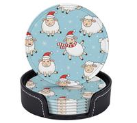 Set di 6 sottobicchieri natalizi a forma di pecora con fiocco di neve e pois, in pelle, rotondi, azzurri, con supporto, per tavolini da caffè, bar, cucina, arredamento per la casa