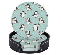 Set di 6 sottobicchieri natalizi a forma di pinguino che pattina, rotondi in pelle color verde acqua, con supporto, per tavolini da caffè, bar, cucina, arredamento per la casa