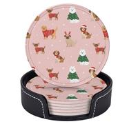 Set di 6 sottobicchieri natalizi a forma di simpatico cane, stella bianca, rosa, rotondi in pelle, con supporto, per tavolino da caffè, bar, cucina, arredamento per la casa