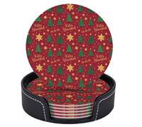 Set di 6 sottobicchieri natalizi a forma di stella di Natale, Feliz Navidad, rotondi in pelle con supporto per tavolino da caffè, bar, cucina, arredamento per la casa