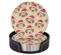 Set di 6 sottobicchieri natalizi a forma di testa di scimmia con fiocco di neve, rotondi in pelle con supporto per tavolino da caffè, bar, cucina, arredamento per la casa