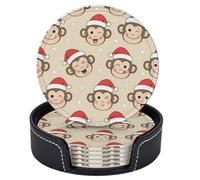 Set di 6 sottobicchieri natalizi con graziose teste di scimmia e fiocchi di neve, rotondi in pelle con supporto per tavolini da caffè, bar, cucina, arredamento per la casa