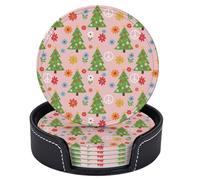 Set di 6 sottobicchieri natalizi con motivo albero di Natale verde, fiore, segno della pace, rotondi in pelle con supporto per tavolino da caffè, bar, cucina, arredamento per la casa