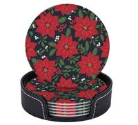 Set di 6 sottobicchieri natalizi con stella di Natale rossa, foglie di agrifoglio verde, bacche, rotondi in pelle, con supporto, per tavolino da caffè, bar, cucina, arredamento per la casa