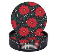 Set di 6 sottobicchieri natalizi con stella di Natale rossa, foglie di agrifoglio verde, bacche, rotondi in pelle, con supporto, per tavolino da caffè, bar, cucina, arredamento per la casa