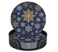 Set di 6 sottobicchieri natalizi in pelle bianca e oro con fiocco di neve blu, rotondi, con supporto, per tavolini da caffè, bar, cucina, arredamento per la casa