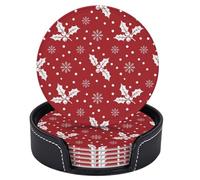 Set di 6 sottobicchieri natalizi in pelle rossa con rami di agrifoglio bianchi, bacche e fiocchi di neve, rotondi, con supporto, per tavolini da caffè, bar, cucina, arredamento per la casa
